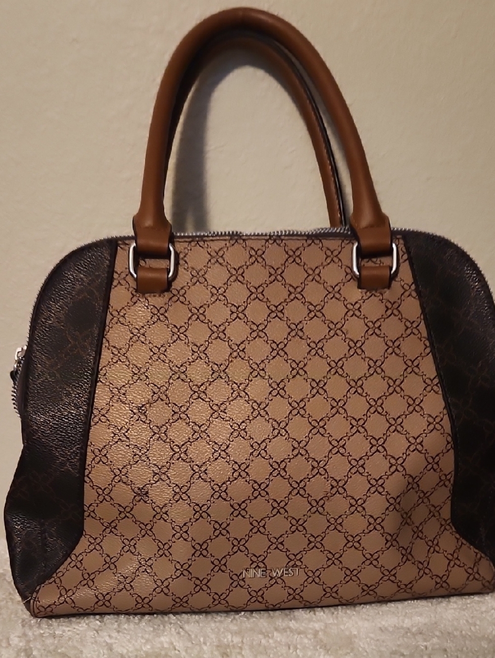 Nine West Tan and Dark Brown Monogram Satchel